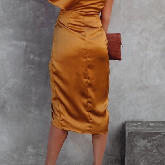 One-Shoulder Satin Wrap Dress with Side Slit | Sheath Formal Midi Dress - Picture 9 of 9